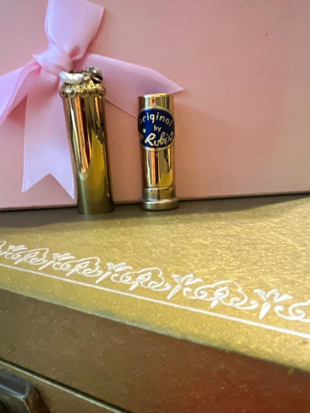 Original by Rob Gold Tone Lipstick Tube Holder w/ Pearl & Metal Topper